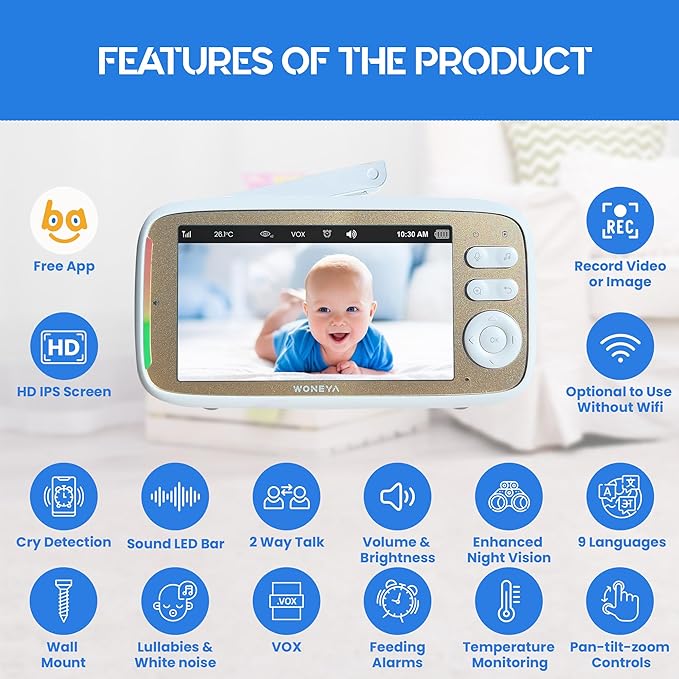 Smart Baby Monitor, 5" HD IPS Screen, 1500ft Long Range, 48 Hours Battery, White Noises & Lullabies, 2K HD Camera, Customizable Safe Zones, Motion Detection, VOX, Free Secure Phone App