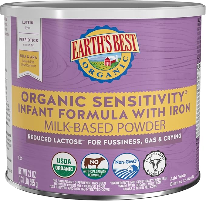 Earth's Best Organic Sensitivity Infant Formula, Babies 0-12 Months, Reduced Lactose, Iron, Omega-3 DHA, Omega-6 ARA, Organic Baby Formula, 21 Ounce Container