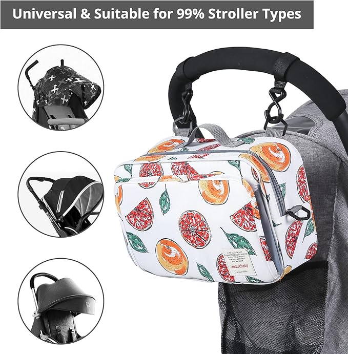 Non-Slip Stroller Organizer Bag for Diapers with Insulated Pocket, Stroller Hooks and Adjustable Strap,Universal Fit Most Strollers, Fruits