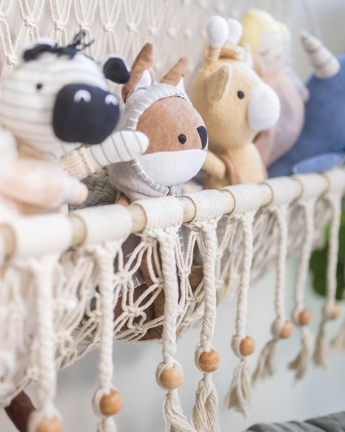 Crane Baby Macrame Hanging Storage Bin for Nursery, Boho Baby Decor, Baby Toy Hanging Basket Wall Storage, Bohemian Macrame Nursery Decor, 16" W X 22" H