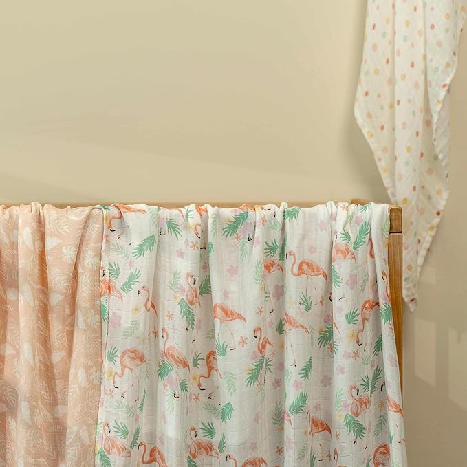 GLLQUEN BABY Muslin Swaddle Blankets 4-Pack Breathable Receiving Blankets (35" x 40") Soft Baby Blankets for Girls and Boys Newborn Essentials Muslin Burp Cloths Swaddle Wrap Baby Gift(Flamingo)