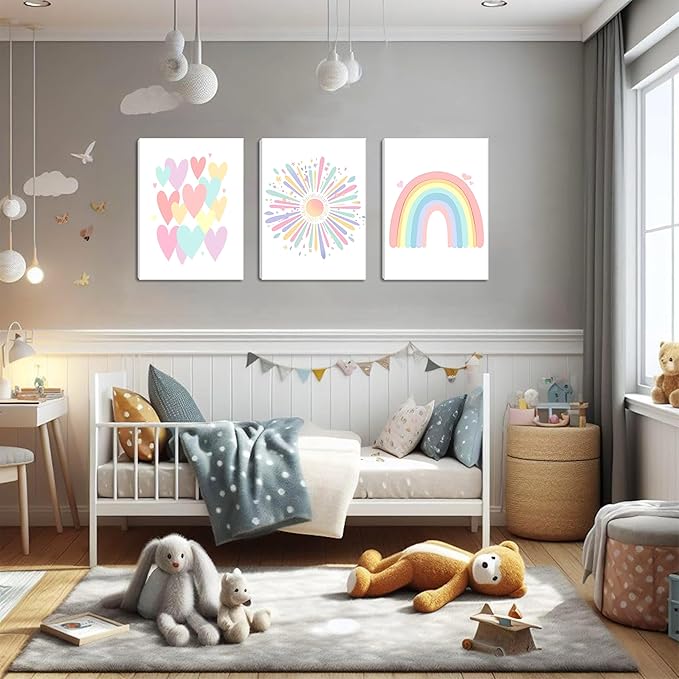 Framed Girls Rainbow Canvas Wall Art Set of 3, Colorful Boho Sun Nursery Wall Decor Painting, Kids Heart Picture Posters Prints for Classroom Kids Room Baby Room Bedroom Dorm Decor 16x24 In