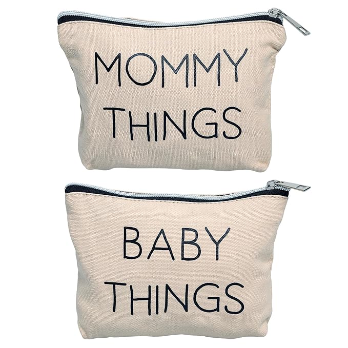 Pearhead Mommy and Baby Things Pouch Set, Canvas Zipper Organizer Bags for Diaper Bag and Travel, Cosmetic and Makeup Bag for Mom, Hospital Bag Essentials