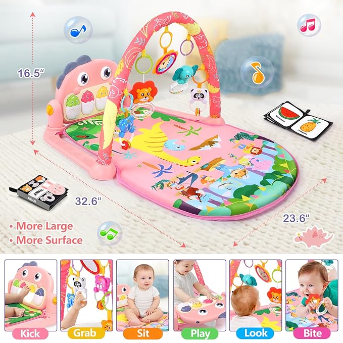 UMIKU Baby Play Mat Baby Tummy Time Mat Infant Newborn Musical Activity Center with High-Contrast Piano Music & Light Newborn Babies Gift for Girl Boy Babies 0-6 6-12 Month Pink Dinosaur