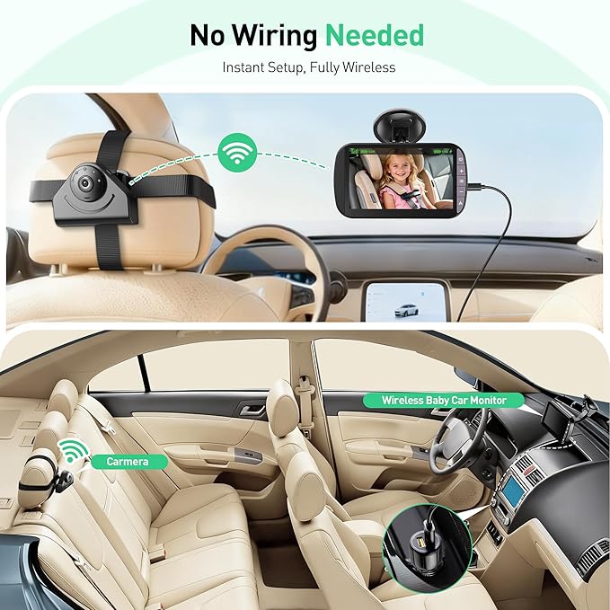 Wireless Baby Car Camera Monitor – 4.3 Inch Display with 360° Rotating Rear Facing Car Seat Cameras, 1080P HD Night Vision IR-Cut, USB & Battery Powered Backseat Baby Monitor for Infant Toddler