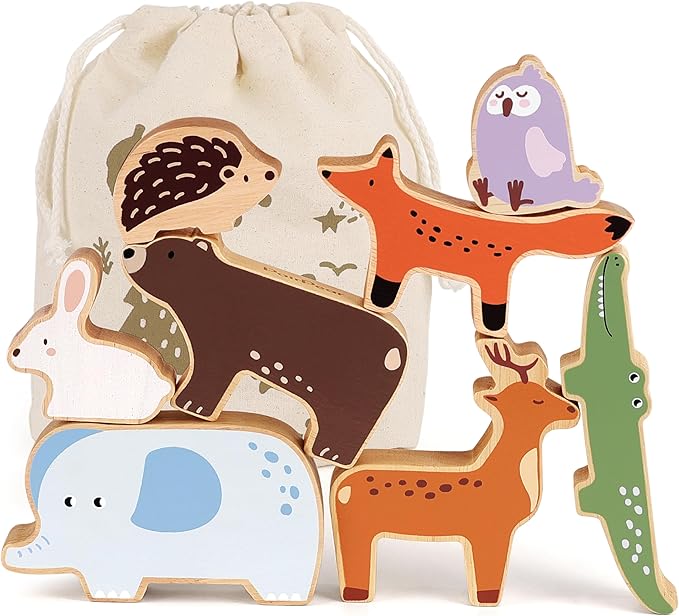 PairPear Large Wooden Animal Stacking Blocks for Toddlers, Montessori Toys Building Stacking Toys & Bag, Educational Balancing Activity Toy for Kids Toys Age 18 Months+