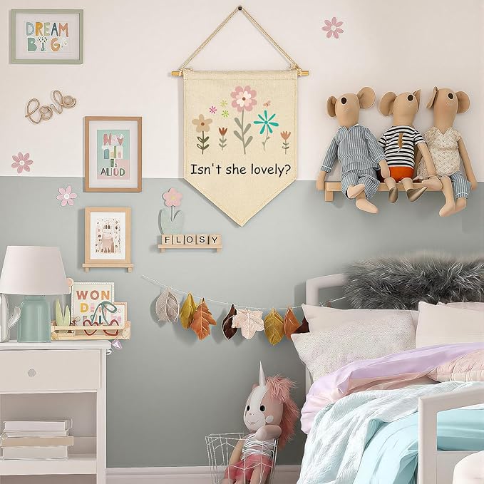 Isn't She Lovely Wildflower Nursery Decor-Girl Room Wall Decor-Canvas Hanging Pennant Banner Wall Sign Decor Gift for Baby Kids Girl Teen,Nursery Bedroom Playroom Décor