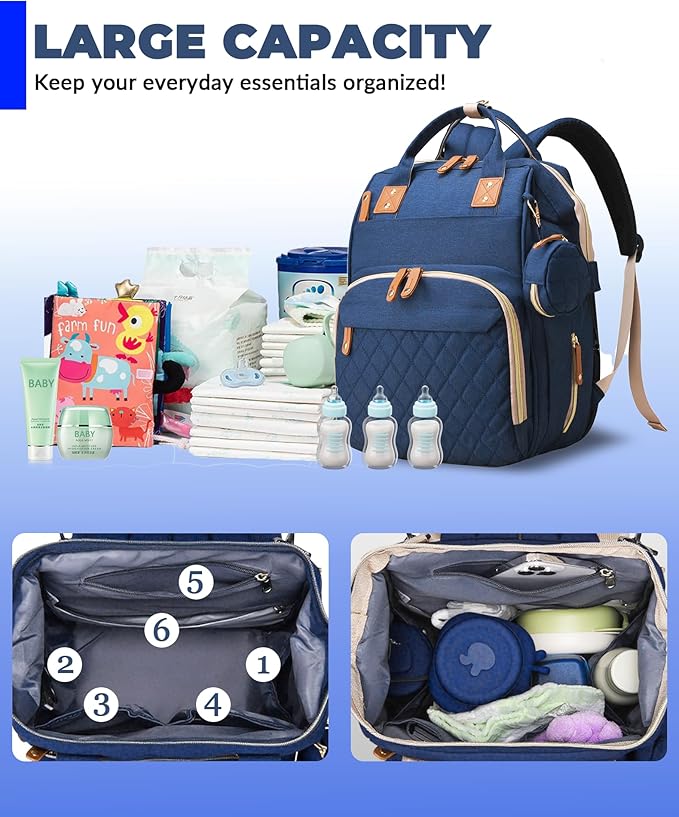 Diaper Bag with Changing Station, Waterproof 3 in 1 Baby Diaper Backpack with Foldable Changing Pad, Large Travel Back Pack for Baby Girl Boy, Baby essentials, Blue