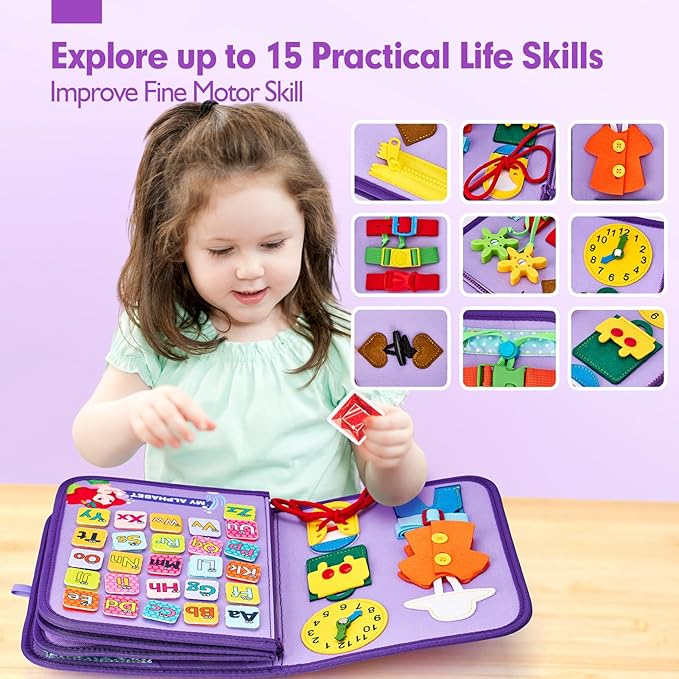 hahaland Busy Board Montessori Toys - 3 Year Old Girl Gifts Bithday Gift Ideas - 8 in 1 Preschool Learning Activities - Educational Toys Easter Basket Stuffers Little Girls Age 3 Travel Busy Book