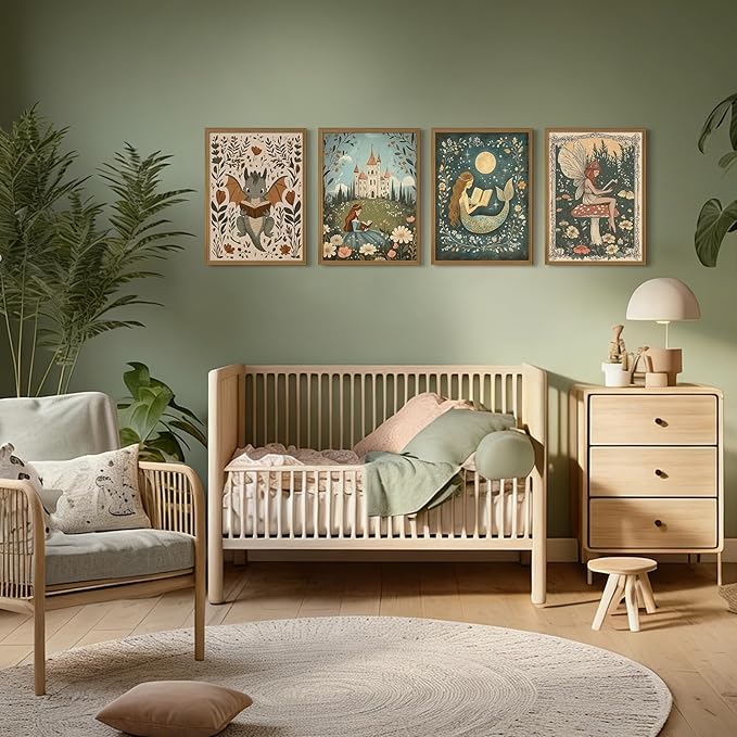 Nursery Fairy Dragon Wall Art Baby Room Reading Book Wall Decor Vintage Girl Dinosaur Canvas Prints Boy Whimsical Fantasy Poster Fairytale Princess Pictures Painting for Bedroom 8x10x4 Inch Unframed
