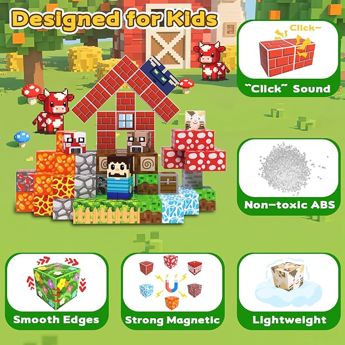 Magnetic Blocks, 208PCS Magnetic Building Blocks, Stacking Magnets for Kids, Sensory Toy for STEM Constructions Magnet Blocks for Boys Girls Age 3+, Christmas Birthday Gifts (Mushroom House)