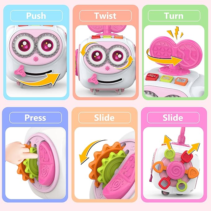 Musical Montessori Toys, Cube Sensory Toys for Toddlers 1-3 with Light-up, Baby Busy Educational Learning Activities Robot Toy for for 1 2 3 Year Old - Pink