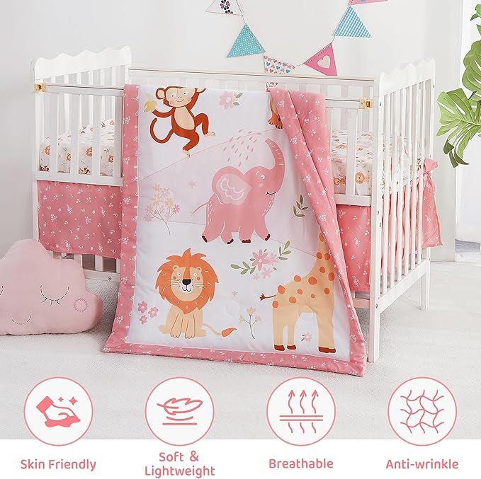 3 Piece Baby Crib Bedding Set, Infant Nursery Bed Set Decor with Quilt + Fitted Crib Sheet + Skirt, Baby Bedding Set Breathable and Soft for Baby Boy and Girl - Pink Elephant