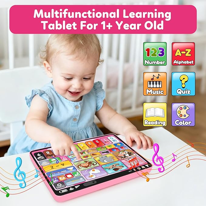Trilingual Learning Toy Tablet with Music & Sound, Montessori Speech Therapy Toys for 1 Year Old Girl Boy Musical Baby Toy 12-18 Months Toddler Girl Toys Age 1-2 2-3 Birthday Gifts (Pink)