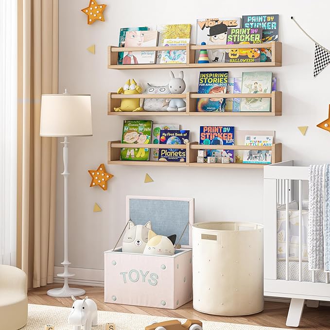 Fixwal Nursery Bookshelves, 32in Floating Bookshelves for Wall Set of 3, Wood Wall Mounted Floating Shelves for Baby Nursery Decor and Toys Storage (Natural Wood)
