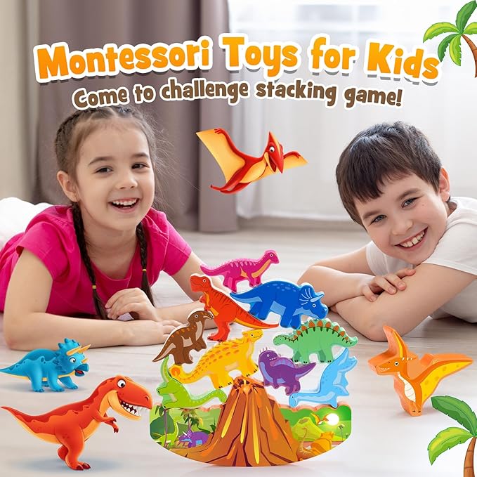 Dinosaur Toys for Kids 3-8 Kid Wooden Stacking Blocks Montessori Toy for 3 4 5 6 7 8 Year Old Boys Girls Christmas Birthday Gifts Toddler Balance Game Ages 3-5 Toys for Boy Girl Age 5-7