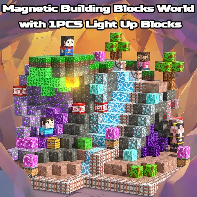 Magnetic Blocks, 150PCS Magnetic Building Blocks Light Up, Stacking Magnets for Kids, Sensory Toy for STEM Constructions Magnet Blocks for Boys Girls Age 3+, Christmas Birthday Gifts
