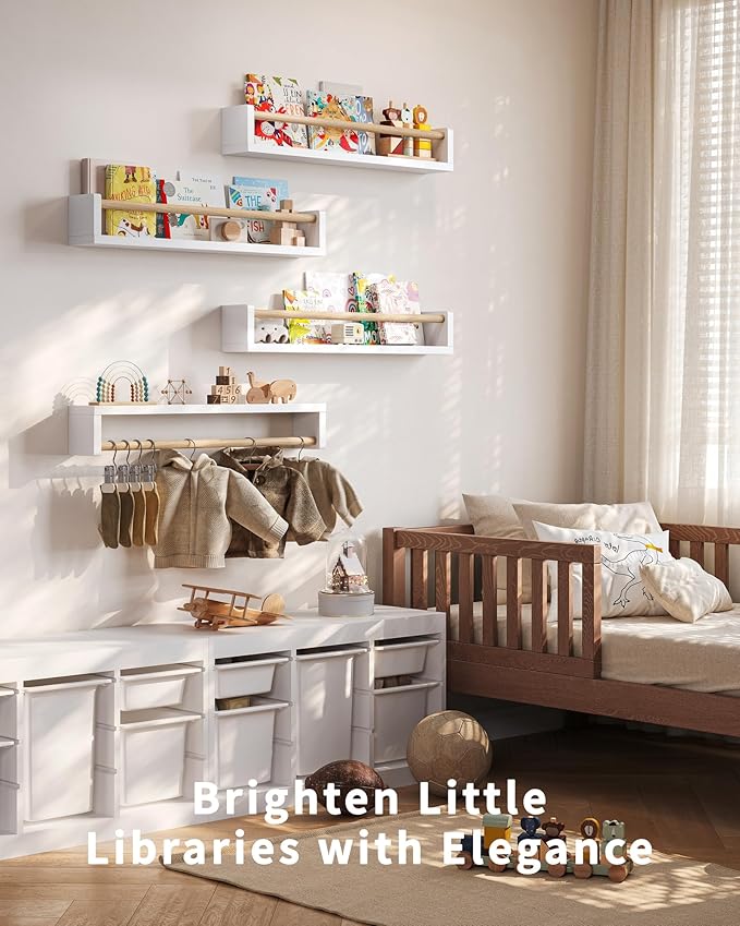Nursery Book Shelves, 4 Pack, Wall Book Shelves for Kids Room, Baby, Toddler, Nursery Decor (White Wood, 23.1 Inches)