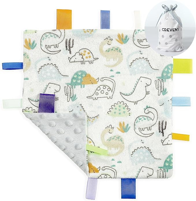 CREVENT Tag Security Blankets for Babies, Soft Small Loveys for Girls, Baby Comforter Sensory Blanket, Great Gifts for Birthday Baby Shower 10"X10" (Dinosaur+Ivory)