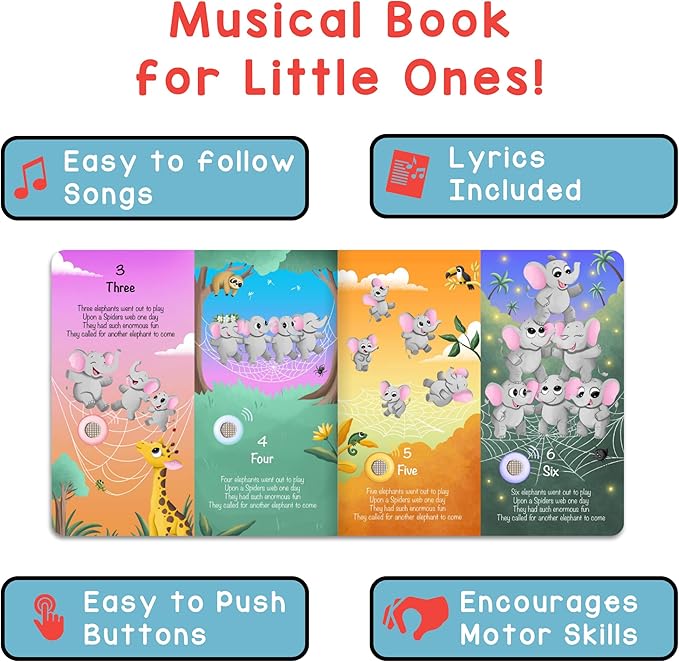 LEARNING BUGS Numbers, Colors & Shapes – 28 Favorite Counting Nursery Rhymes, Musical Books for Toddlers, 28-Button Music Book, Musical Toys for Toddlers 1-3