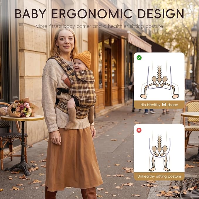 FRUITEAM Baby Carrier, Newborn Carrier with Adjustable Seat Size, Lightweight & Ergonomic Baby Carrier Newborn (7-25 Lbs), Easy to Wear, Travel and Hiking Friendly (Brown Plaid)