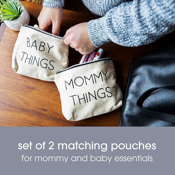 Pearhead Mommy and Baby Things Pouch Set, Canvas Zipper Organizer Bags for Diaper Bag and Travel, Cosmetic and Makeup Bag for Mom, Hospital Bag Essentials