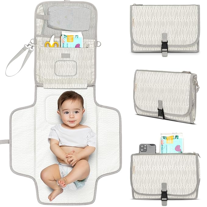 KeaBabies Portable Diaper Changing Pad - Large Waterproof Baby Changing Mat, Compact Travel Diaper Clutch, Functional Pockets Fit Newborn Essentials, Wipeable & Padded Baby Changer (Prism)