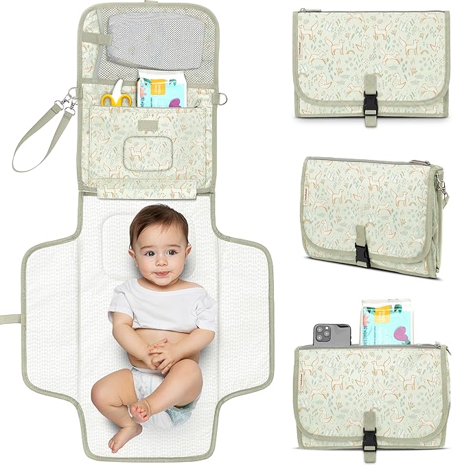 KeaBabies Portable Diaper Changing Pad - Large Waterproof Baby Changing Mat, Compact Travel Diaper Clutch, Functional Pockets Fit Newborn Essentials, Wipeable & Padded Baby Changer (Fox Vale)