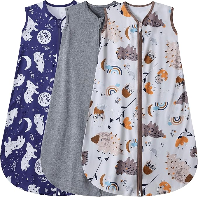 3 Pack Baby Sleep Sack 100% Rayon Cotton Baby Sleeping Bag 2-Way Zipper Toddler Wearable Blankets TOG 0.3. (Fox&Dinosaurs&Dark gray, 18-24 Months)