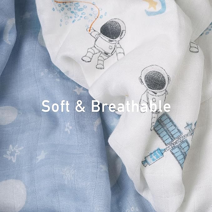 GLLQUEN BABY Muslin Swaddle Blankets Breathable Receiving Blankets (35" x 40") 2-Pack Soft Baby Blankets for Girls and Boys Newborn Essentials Muslin Burp Cloths Swaddle Wrap Baby Gift(Astronaut)