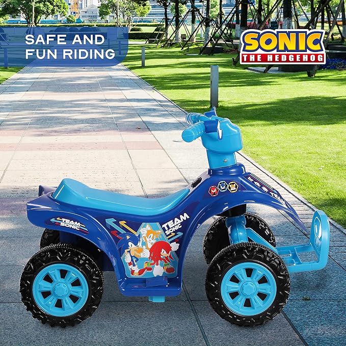 Sonic The Hedgehog 6V ATV Quad for Kids - Powerful and Safe Ride-On Toy with Rechargeable Battery - Forward and Reverse Driving - Max Weight Capacity of 55 LBS - Ages 2-3 Years