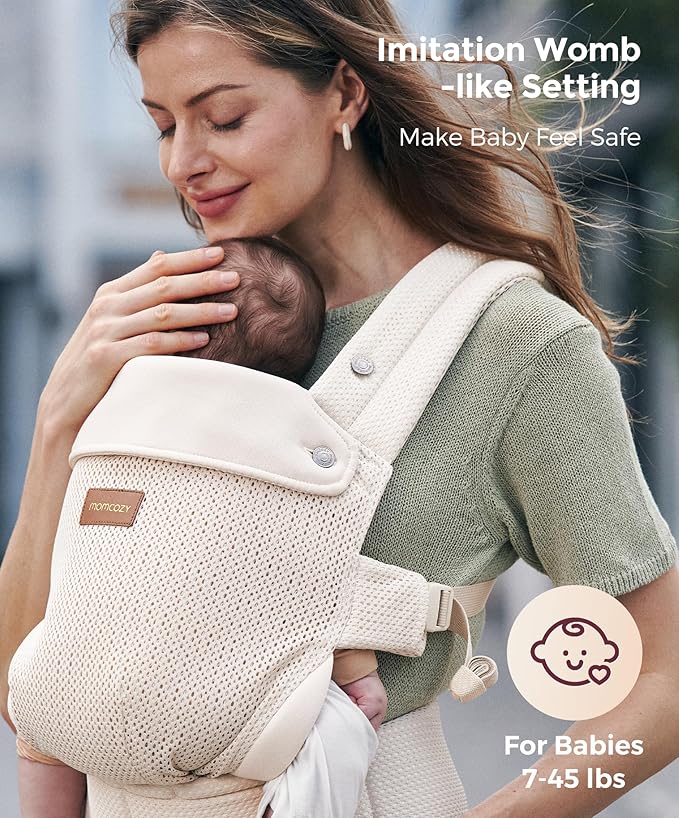 Momcozy Breathable Baby Carrier, Ergonomic and Lightweight Infant Carrier for 7-45lbs with Enhanced Lumbar Support, All Day Comfort for Hands-Free Parenting, Air Mesh-Apricot Beige