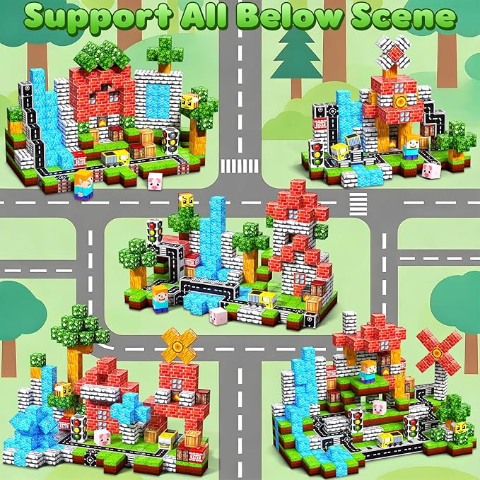 Magnetic Blocks, 100PCS Magnetic Building Blocks, Stacking Magnets for Kids, Sensory Toy for STEM Constructions Magnet Blocks for Boys Girls Age 3+, Christmas Birthday Gifts (Green Traffic Forest)