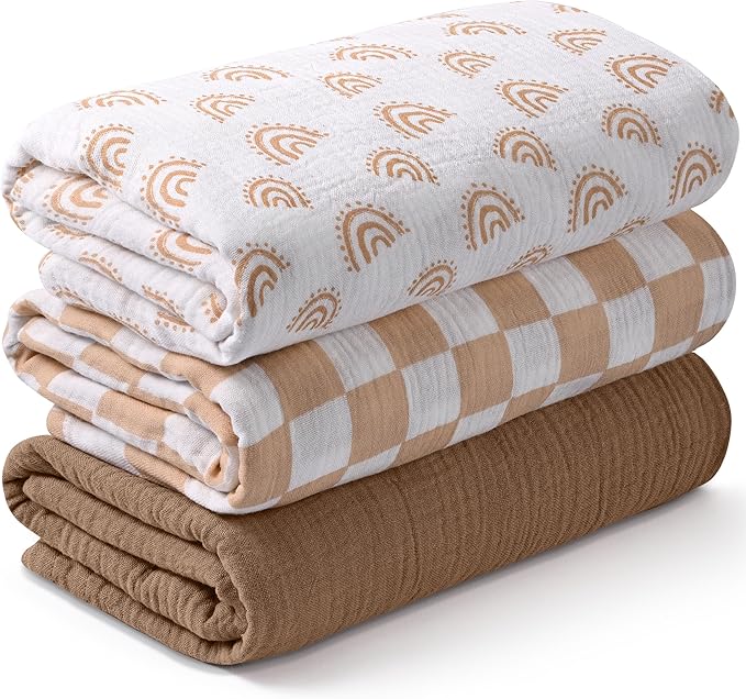 Muslin Swaddle Blankets for Newborn, 3 Pack Breathable Soft Receiving Blanket, Large 38 x 40 inches Swaddle Wrap Burping Clothes Diapers, Essentials Infant Shower Items, Toddler Gift (Rainbow & Grid)