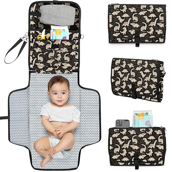 KeaBabies Portable Diaper Changing Pad - Large Waterproof Baby Changing Mat, Compact Travel Diaper Clutch, Functional Pockets Fit Newborn Essentials, Wipeable & Padded Baby Changer (Dino Ridge)