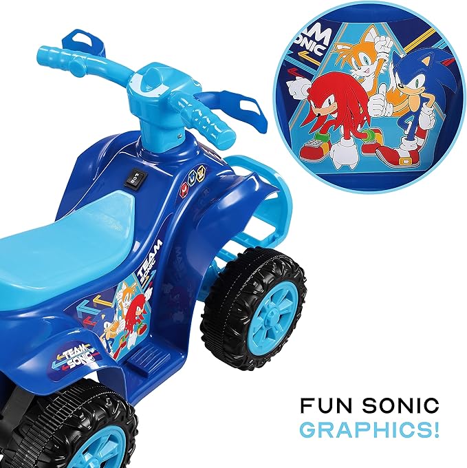 Sonic The Hedgehog 6V ATV Quad for Kids - Powerful and Safe Ride-On Toy with Rechargeable Battery - Forward and Reverse Driving - Max Weight Capacity of 55 LBS - Ages 2-3 Years