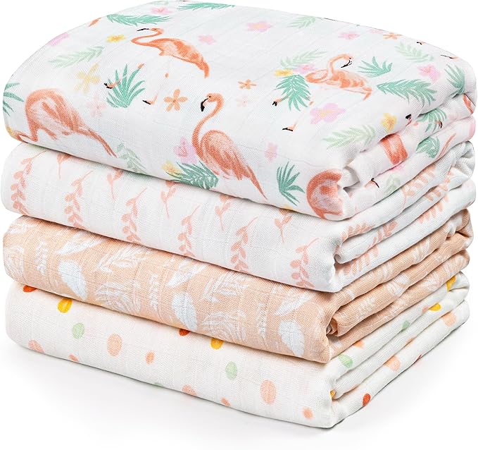 GLLQUEN BABY Muslin Swaddle Blankets 4-Pack Breathable Receiving Blankets (35" x 40") Soft Baby Blankets for Girls and Boys Newborn Essentials Muslin Burp Cloths Swaddle Wrap Baby Gift(Flamingo)