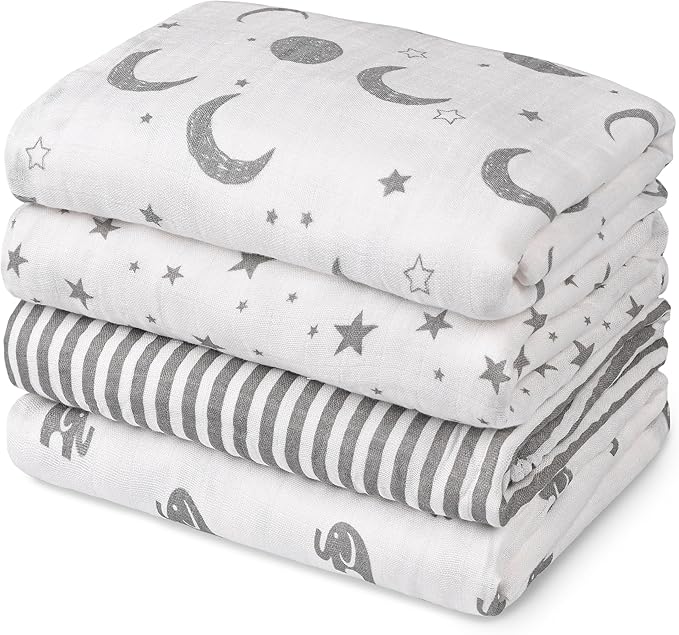 GLLQUEN BABY Muslin Swaddle Blankets 4-Pack Breathable Receiving Blankets (35" x 40") Soft Baby Blankets for Girls and Boys Newborn Essentials Muslin Burp Cloths Swaddle Wrap Baby Gift (Elephant)