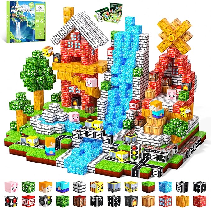 Magnetic Blocks, 100PCS Magnetic Building Blocks, Stacking Magnets for Kids, Sensory Toy for STEM Constructions Magnet Blocks for Boys Girls Age 3+, Christmas Birthday Gifts (Green Traffic Forest)