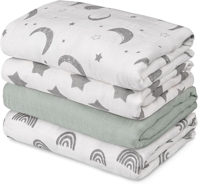 GLLQUEN BABY Muslin Swaddle Blankets 4-Pack Breathable Receiving Blankets (35" x 40") Soft Baby Blankets for Girls and Boys Newborn Essentials Muslin Burp Cloths Swaddle Wrap Baby Gift (Star)