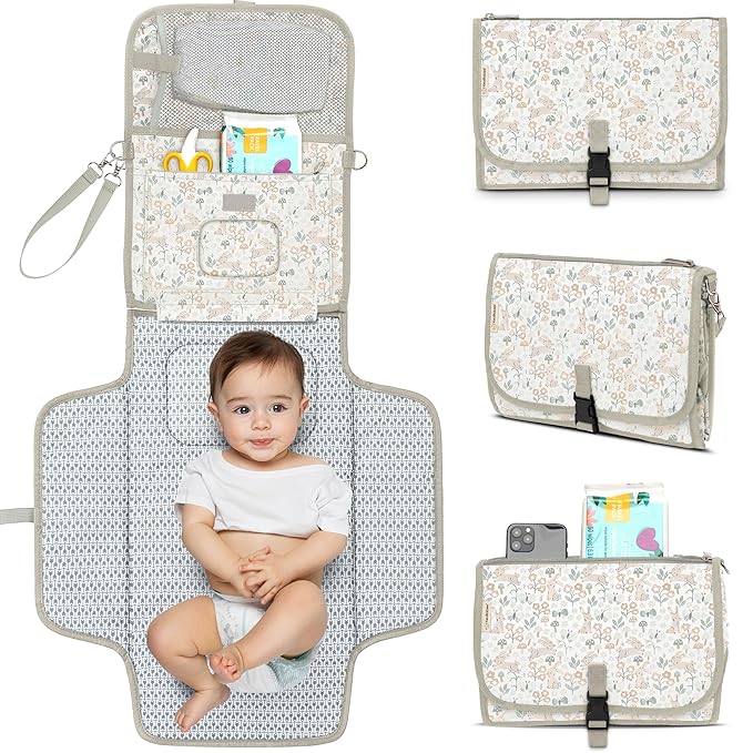 KeaBabies Portable Diaper Changing Pad - Large Waterproof Baby Changing Mat, Compact Travel Diaper Clutch, Functional Pockets Fit Newborn Essentials, Wipeable & Padded Baby Changer (Prairie)