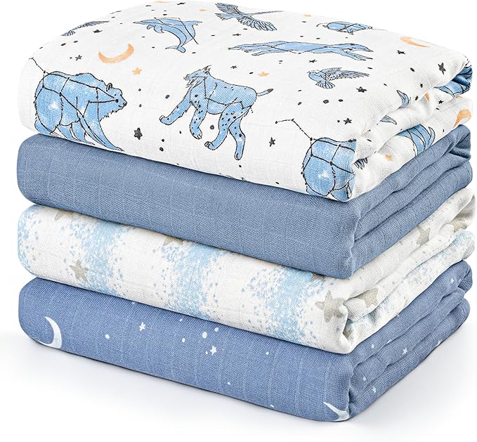 GLLQUEN BABY Muslin Swaddle Blankets 4-Pack Breathable Receiving Blankets (35" x 40") Soft Baby Blankets for Girls and Boys Newborn Essentials Muslin Burp Cloths Swaddle Wrap Baby Gift(Star)